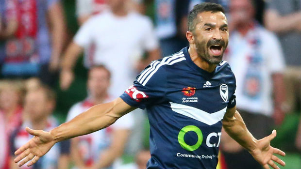 Melbourne Victory midfielder Fahid Ben Khalfallah celebrates scoring.