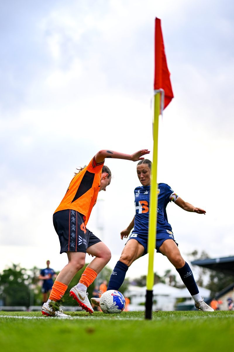 Kijah Stephenson of Brisbane controls the ball under pressure from Taren King of Central Coast at Gioca Stadium.